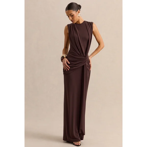 Blythia | Robe longue marron à encolure ronde avec détails froncés