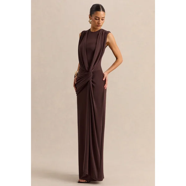 Blythia | Robe longue marron à encolure ronde avec détails froncés