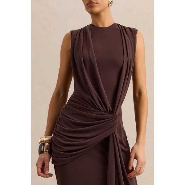 Blythia | Robe longue marron à encolure ronde avec détails froncés