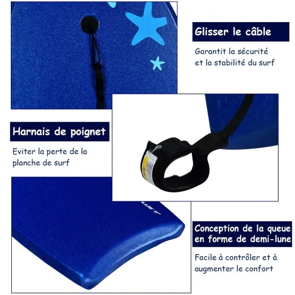 Bodyboard Planche de Surf avec Corde Capacité 60-95kg en XPE et HDPE, 105x51x6cm, Bleu et Blanc à Motif Étoile de Mer