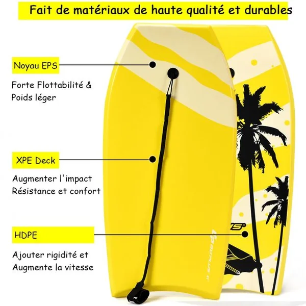 Bodyboard Planche de Surf avec Corde Capacité 60-95kg en XPE et HDPE, 105x51x6cm, Jaune à Motif Noix de Coco et Parasol