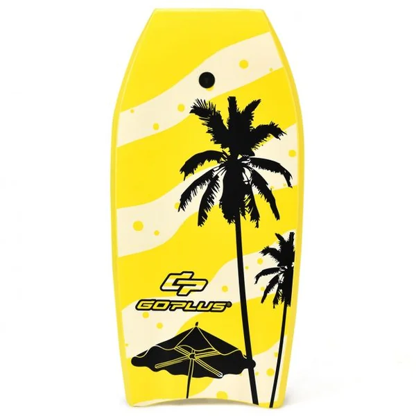Bodyboard Planche de Surf avec Corde Capacité 60-95kg en XPE et HDPE, 105x51x6cm, Jaune à Motif Noix de Coco et Parasol