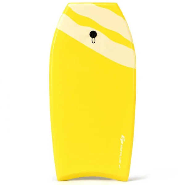Bodyboard Planche de Surf avec Corde Capacité 60-95kg en XPE et HDPE, 105x51x6cm, Jaune à Motif Noix de Coco et Parasol