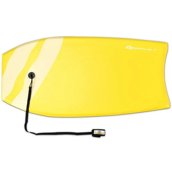 Bodyboard Planche de Surf avec Corde Capacité 60-95kg en XPE et HDPE, 105x51x6cm, Jaune à Motif Noix de Coco et Parasol