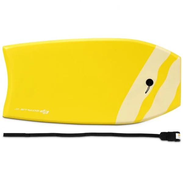 Bodyboard Planche de Surf avec Corde Capacité 60-95kg en XPE et HDPE, 105x51x6cm, Jaune à Motif Noix de Coco et Parasol