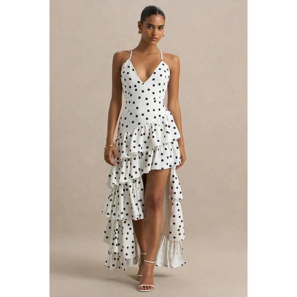 Bogota | Robe longue à pois avec décolleté plongeant volants et fente haute frontale