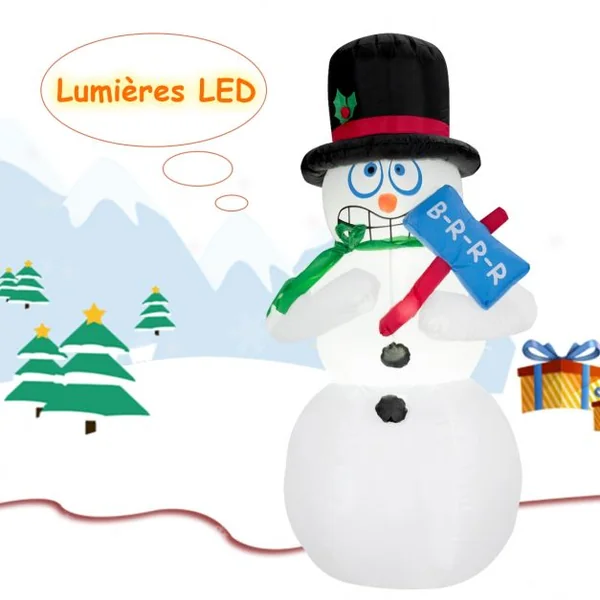 Bonhomme de Neige Gonflable Décoratif 180 Cm avec Lumière Led avec Ventilateur en Tissu Polyester Imperméable Blanc