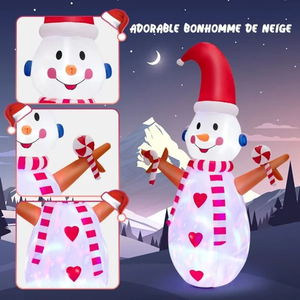 Bonhomme de Neige Gonflable Lumineux à LED Multicolores Rotatives Décoration pour Noël Intérieur et Extérieur 240 cm