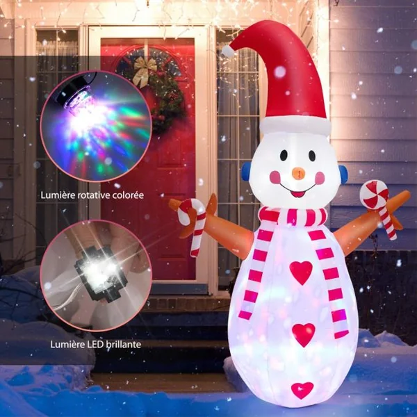 Bonhomme de Neige Gonflable Lumineux à LED Multicolores Rotatives Décoration pour Noël Intérieur et Extérieur 240 cm