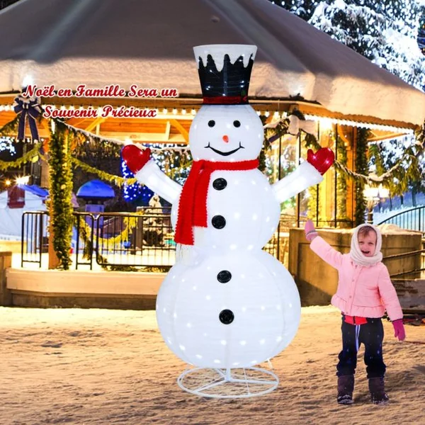 Bonhomme de Neige Lumineux Extérieur 180CM avec 200 LED Blanc Froid 4 Piquets Decoration Noël Dépliable