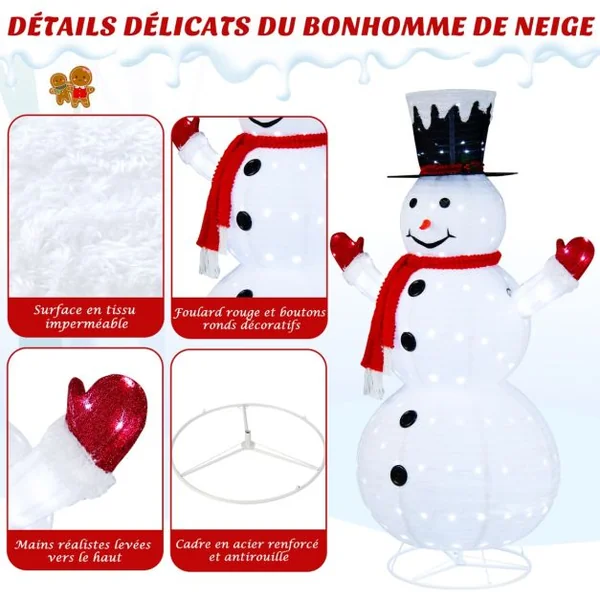 Bonhomme de Neige Lumineux Extérieur 180CM avec 200 LED Blanc Froid 4 Piquets Decoration Noël Dépliable