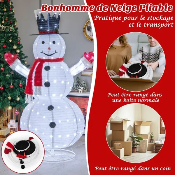 Bonhomme de Neige Lumineux Extérieur 180CM avec 200 LED Blanc Froid 4 Piquets Decoration Noël Dépliable