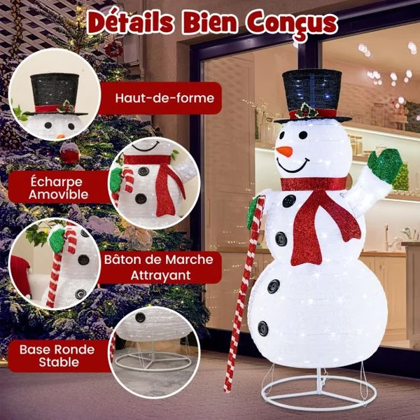 Bonhomme de Neige Éclairé 150 cm Décoration de Noël pré-éclairée avec 180 Lumières LED Chapeau et Écharpe