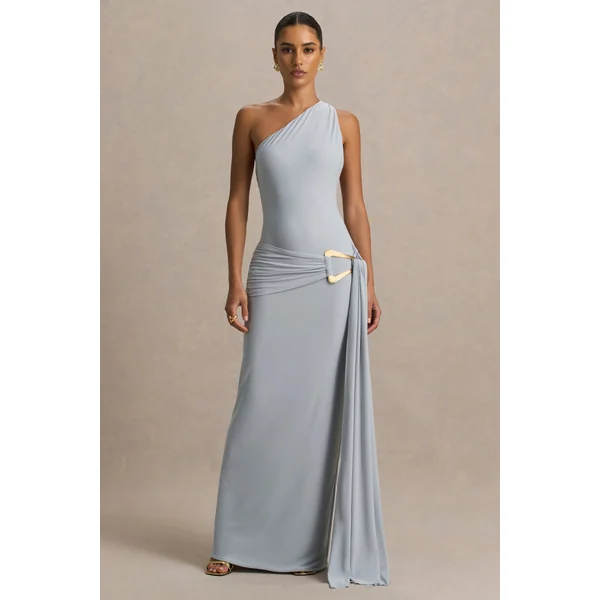 Bonnie | Robe longue bleu clair à encolure asymétrique et détails froncés