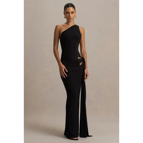 Bonnie | Robe longue noire à encolure asymétrique avec détails froncés