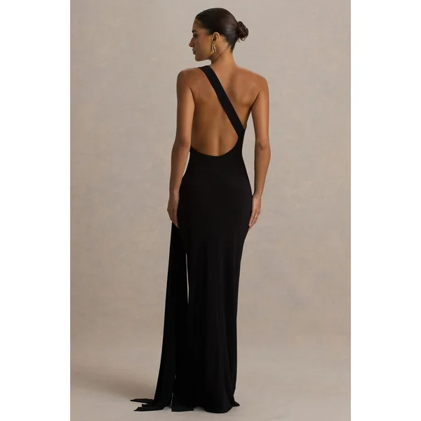 Bonnie | Robe longue noire à encolure asymétrique avec détails froncés