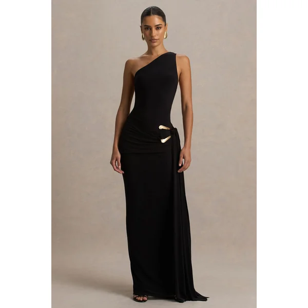 Bonnie | Robe longue noire à encolure asymétrique avec détails froncés
