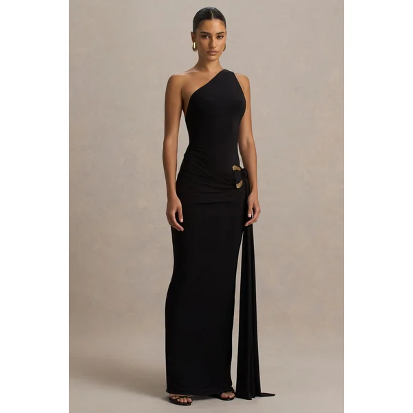 Bonnie | Robe longue noire à encolure asymétrique avec détails froncés