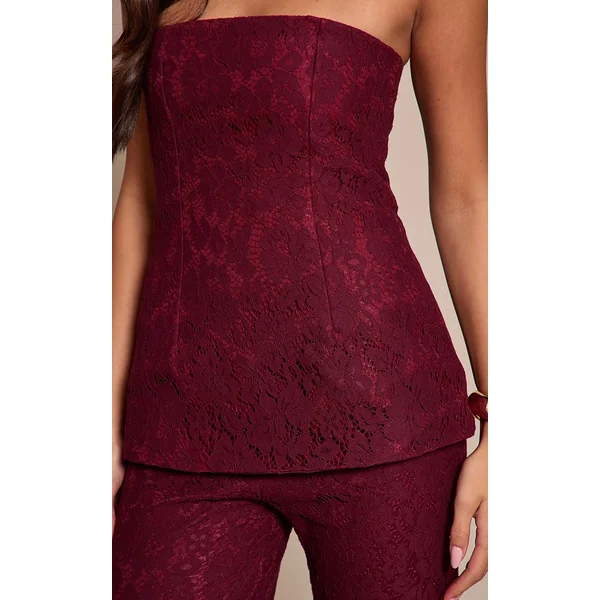 Bordeaux Combinaison Pantalon Droit À Superposition Bandeau En Dentelle