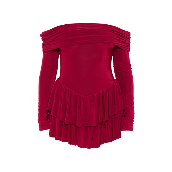 Bordeaux Combi-short Jupe À Volants Épaules Dénudées Manches Longues En Tissu Fluide