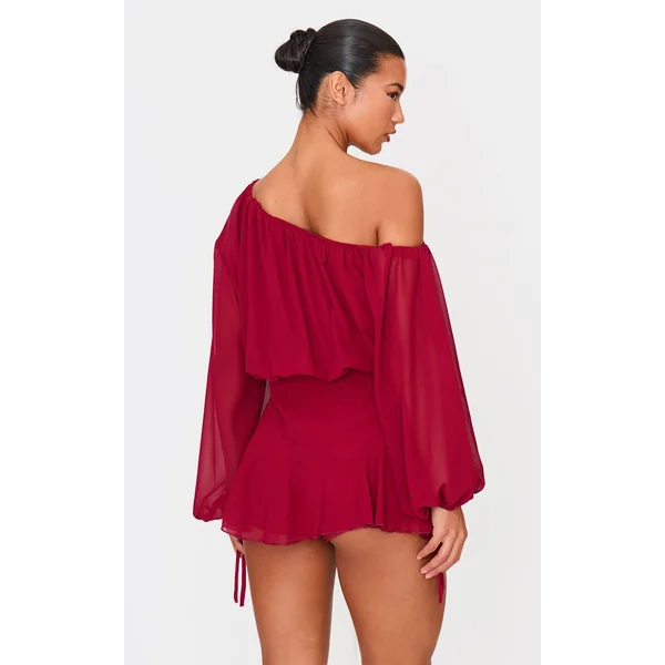 Bordeaux Combi-short Jupe-culotte En Mousseline Vert Foncé À Une Épaule Avec Détail Flottant
