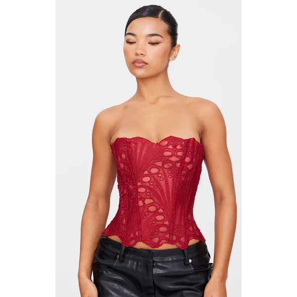 Bordeaux Corset En Dentelle Florale Transparente Texturée
