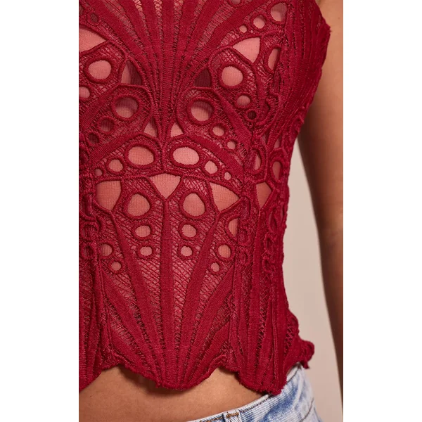 Bordeaux Corset En Dentelle Florale Transparente Texturée Petite Taille