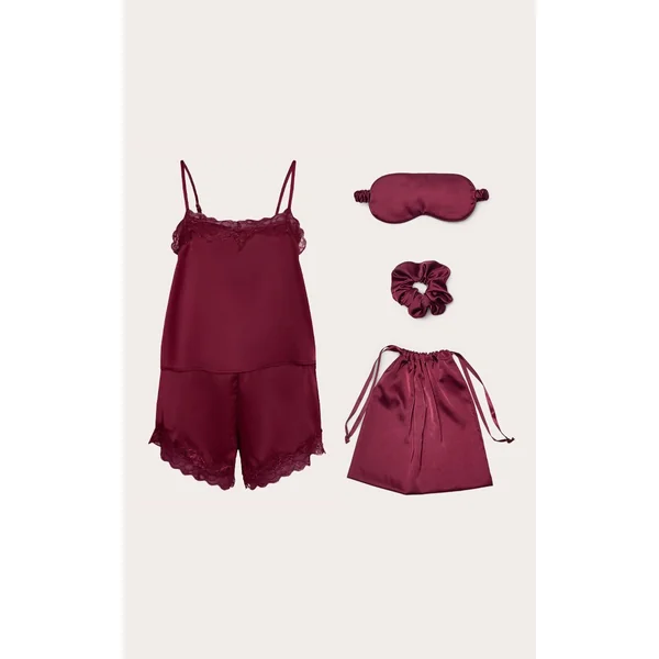 Bordeaux Ensemble De Nuit En Satin Avec Sac Cadeau