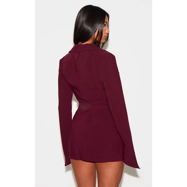 Bordeaux Robe Blazer Ceinturée En Tissu Tissé