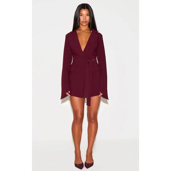 Bordeaux Robe Blazer Ceinturée En Tissu Tissé