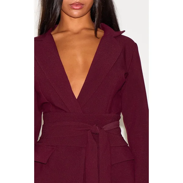 Bordeaux Robe Blazer Ceinturée En Tissu Tissé