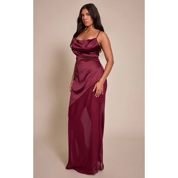 Bordeaux Robe Maxi Shape En Satin À Col Bénitier Et Ourlet Asymétrique En Mousseline