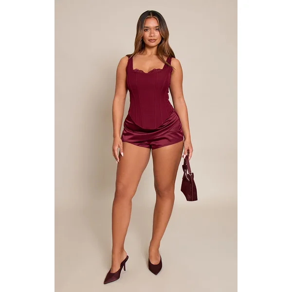 Bordeaux Top Corset Long À Encolure Carrée Et Finitions En Dentelle Shape