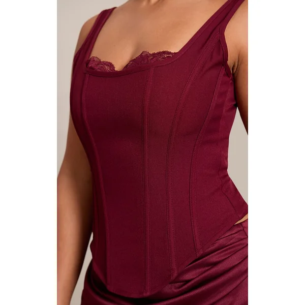Bordeaux Top Corset Long À Encolure Carrée Et Finitions En Dentelle Shape
