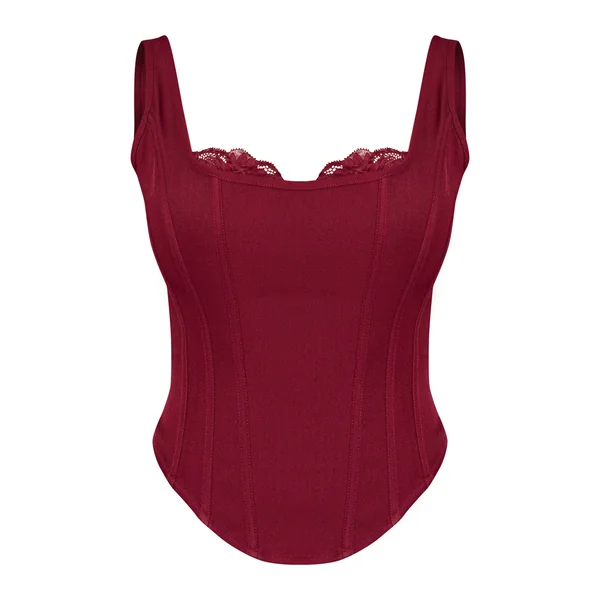 Bordeaux Top Corset Long À Encolure Carrée Et Finitions En Dentelle Shape