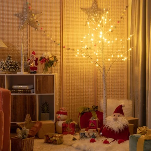 Bouleau Artificiel Lumineux Bouleau Blanc 120 cm avec 48 Lumières LED Blanc Chaud Décoration d'Intérieur pour Noël Pâques et Mariages