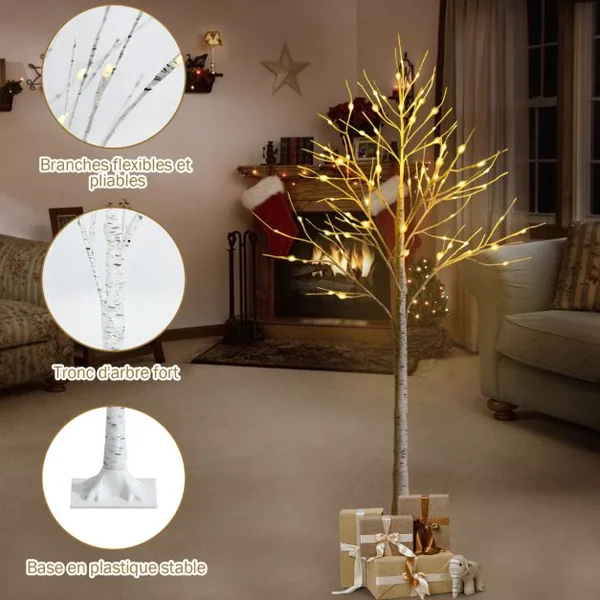 Bouleau Artificiel Lumineux Bouleau Blanc 120 cm avec 48 Lumières LED Blanc Chaud Décoration d'Intérieur pour Noël Pâques et Mariages