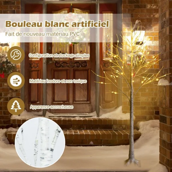 Bouleau Artificiel Lumineux Bouleau Blanc 120 cm avec 48 Lumières LED Blanc Chaud Décoration d'Intérieur pour Noël Pâques et Mariages