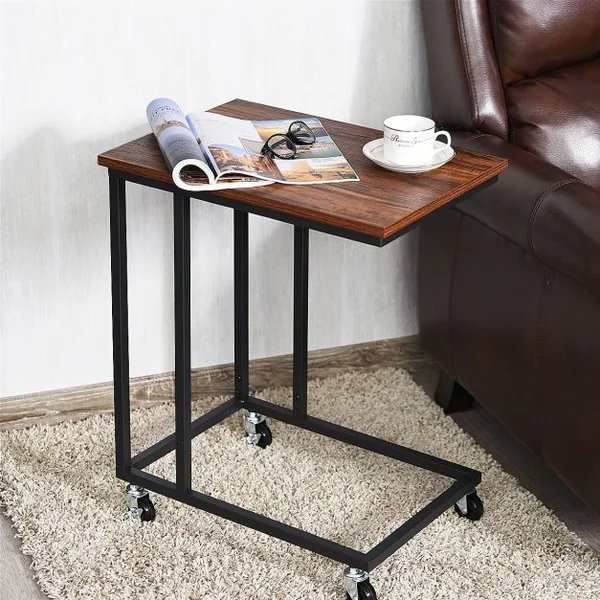 Bout de Canapé Style Industrielle avec 4 Roues Table d'Appoint Mobile en Forme de C Cadre en Métal