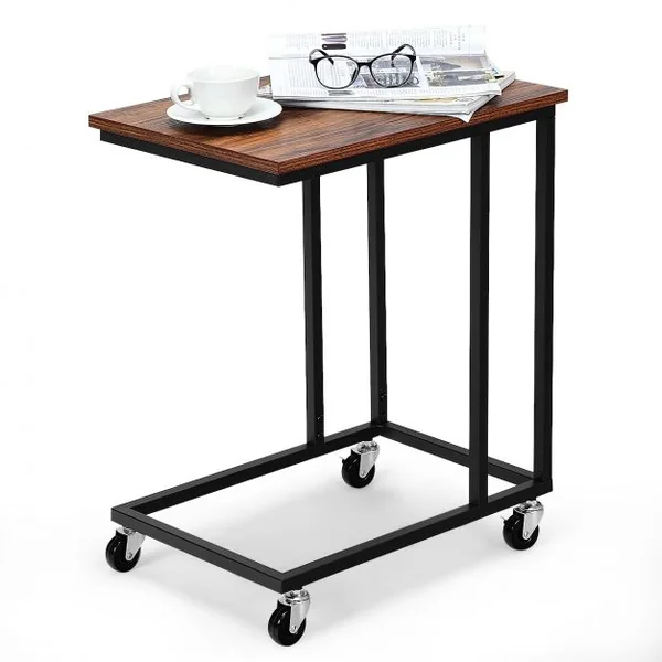 Bout de Canapé Style Industrielle avec 4 Roues Table d'Appoint Mobile en Forme de C Cadre en Métal
