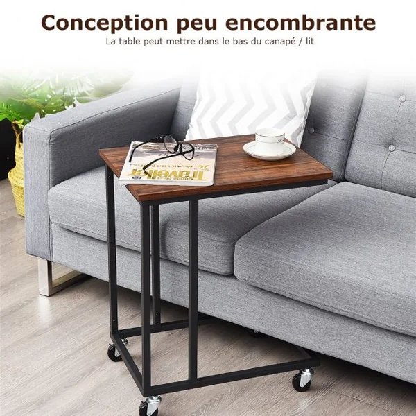 Bout de Canapé Style Industrielle avec 4 Roues Table d'Appoint Mobile en Forme de C Cadre en Métal