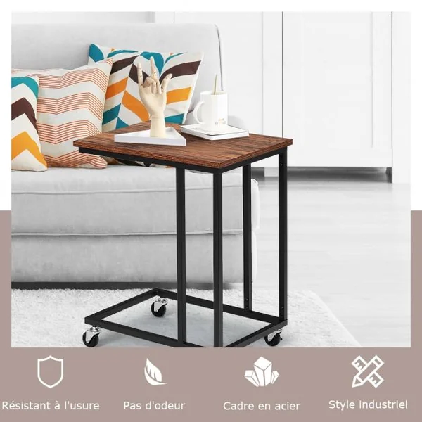 Bout de Canapé Style Industrielle avec 4 Roues Table d'Appoint Mobile en Forme de C Cadre en Métal