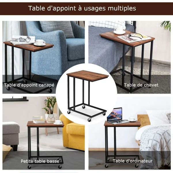 Bout de Canapé Style Industrielle avec 4 Roues Table d'Appoint Mobile en Forme de C Cadre en Métal