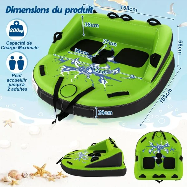 Bouée Tractée pour 2 Personnes Gonflable Bateau avec Drainage Points de Remorquage Avant et Arrière Recouverte de Nylon