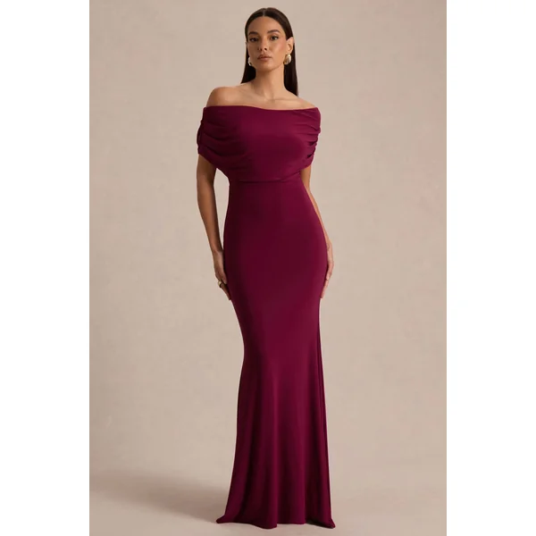 Bowden | Robe longue couleur baie à encolure bardot