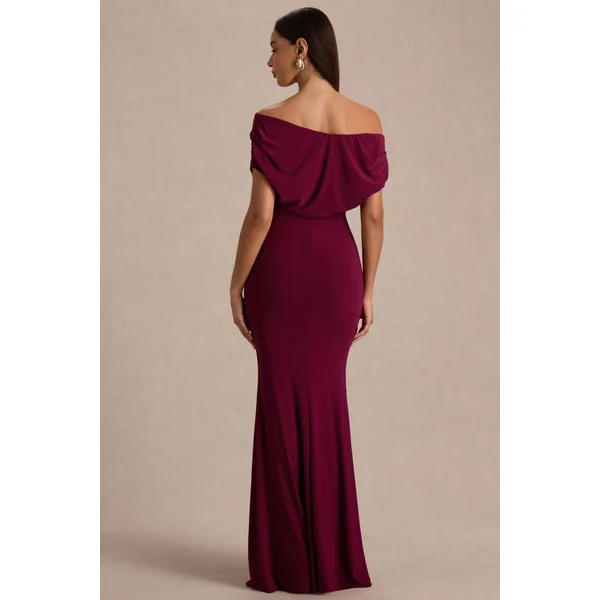 Bowden | Robe longue couleur baie à encolure bardot