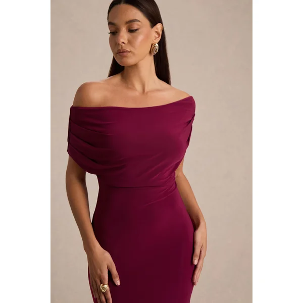 Bowden | Robe longue couleur baie à encolure bardot