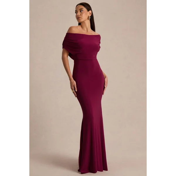 Bowden | Robe longue couleur baie à encolure bardot
