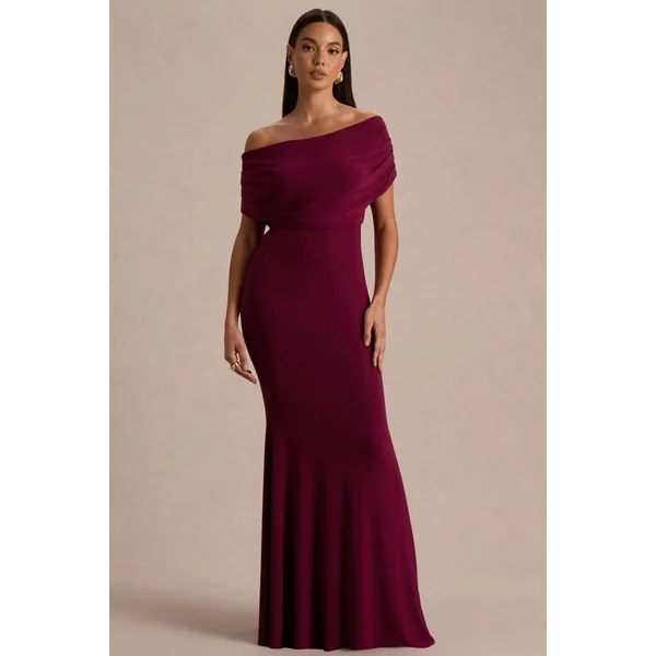 Bowden | Robe longue couleur baie à encolure bardot