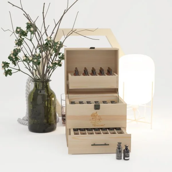 Boîte pour Flacons d’Huiles Essentielles 59 Places sur 3 Niveaux en Bois de Pin et Métal, 19 x 22 x 24,5cm, Naturel